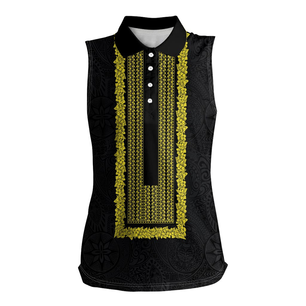 Philippines Polynesian Jasmine Pattern Women Sleeveless Polo Shirt With Barong Tagalog Black Style