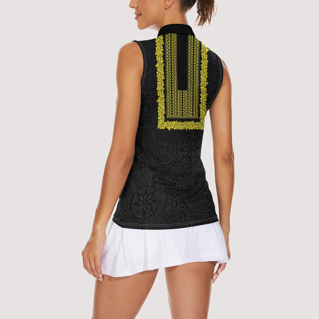 Philippines Polynesian Jasmine Pattern Women Sleeveless Polo Shirt With Barong Tagalog Black Style