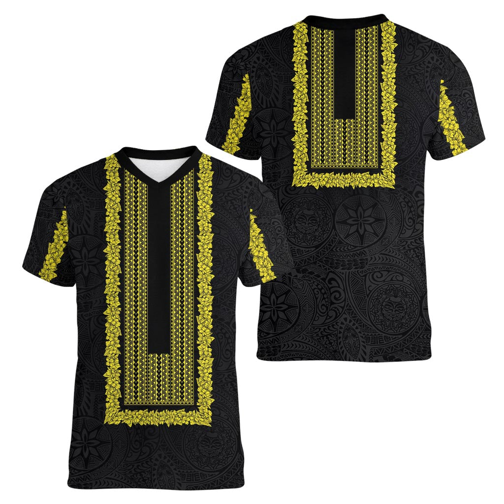 Philippines Polynesian Jasmine Pattern Women V-Neck T-Shirt With Barong Tagalog Black Style