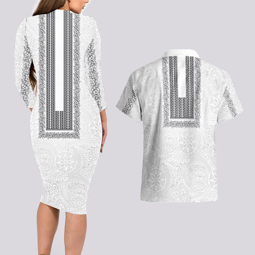 Philippines Polynesian Jasmine Pattern Couples Matching Long Sleeve Bodycon Dress and Hawaiian Shirt With Barong Tagalog White Style LT03 - Polynesian Pride