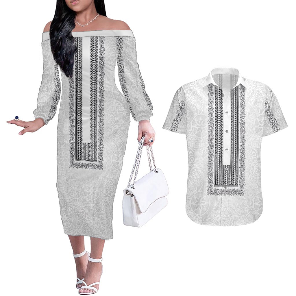 Philippines Polynesian Jasmine Pattern Couples Matching Off The Shoulder Long Sleeve Dress and Hawaiian Shirt With Barong Tagalog White Style