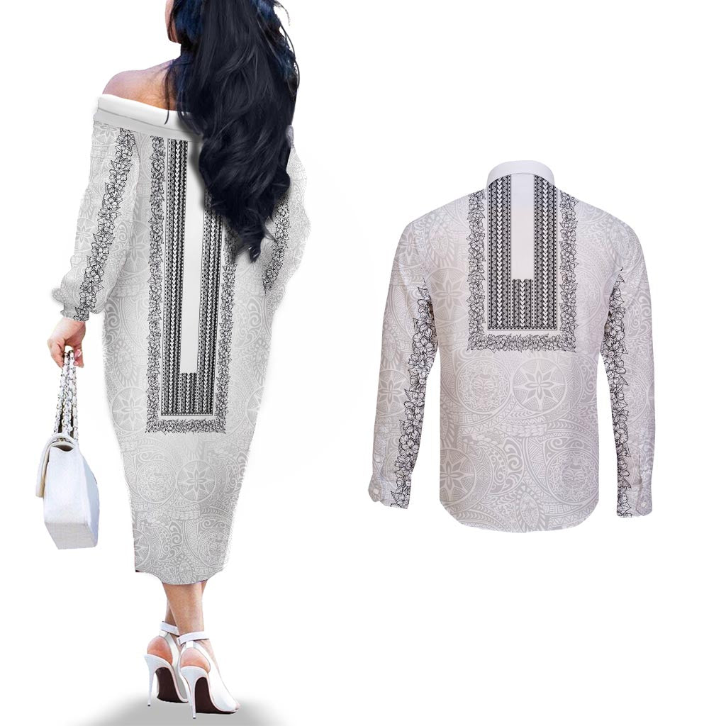 Philippines Polynesian Jasmine Pattern Couples Matching Off The Shoulder Long Sleeve Dress and Long Sleeve Button Shirt With Barong Tagalog White Style