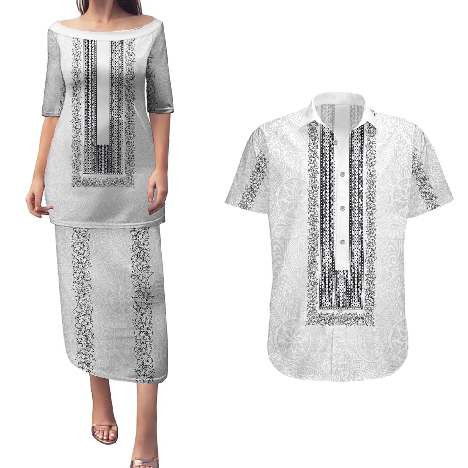 Philippines Polynesian Jasmine Pattern Couples Matching Puletasi and Hawaiian Shirt With Barong Tagalog White Style