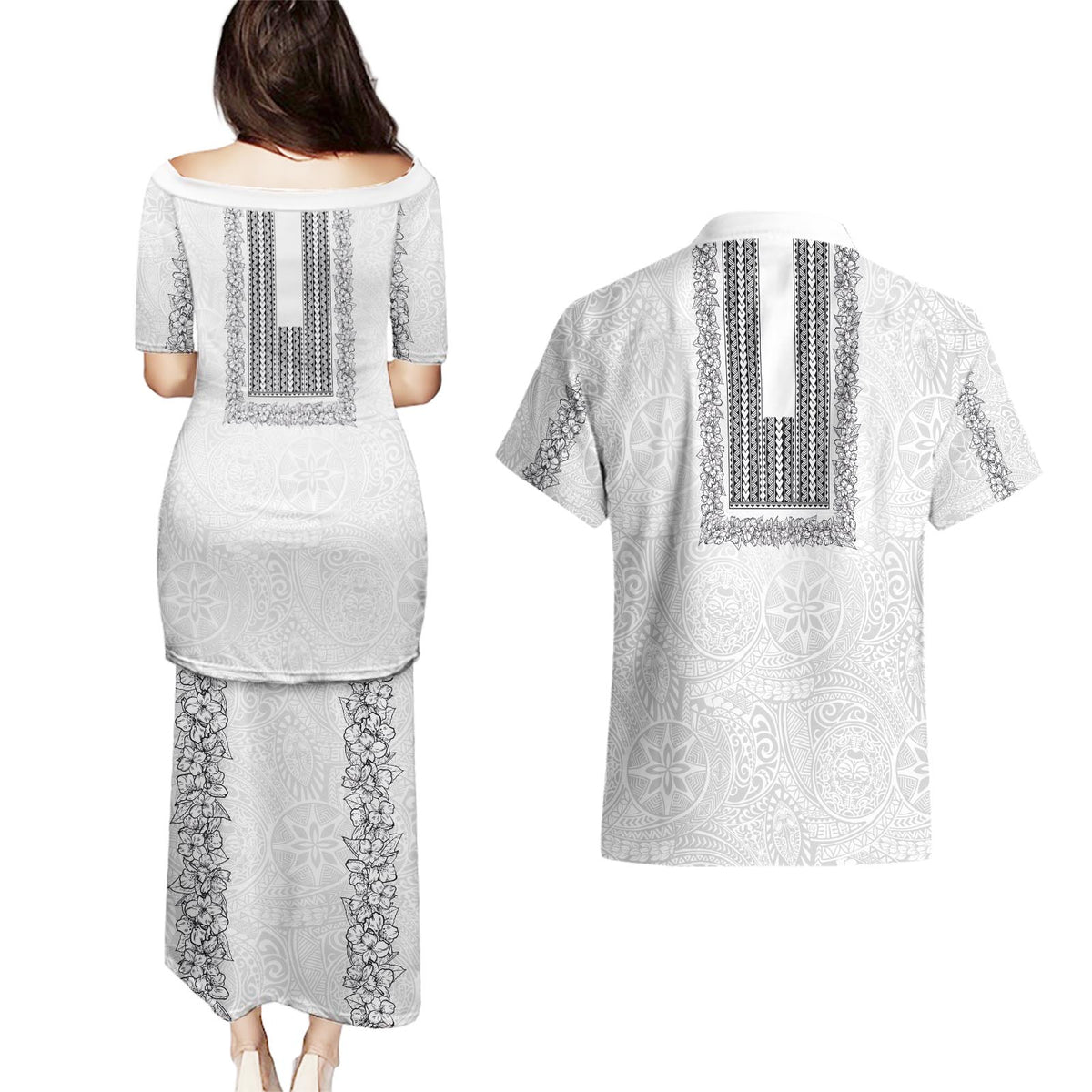 Philippines Polynesian Jasmine Pattern Couples Matching Puletasi and Hawaiian Shirt With Barong Tagalog White Style