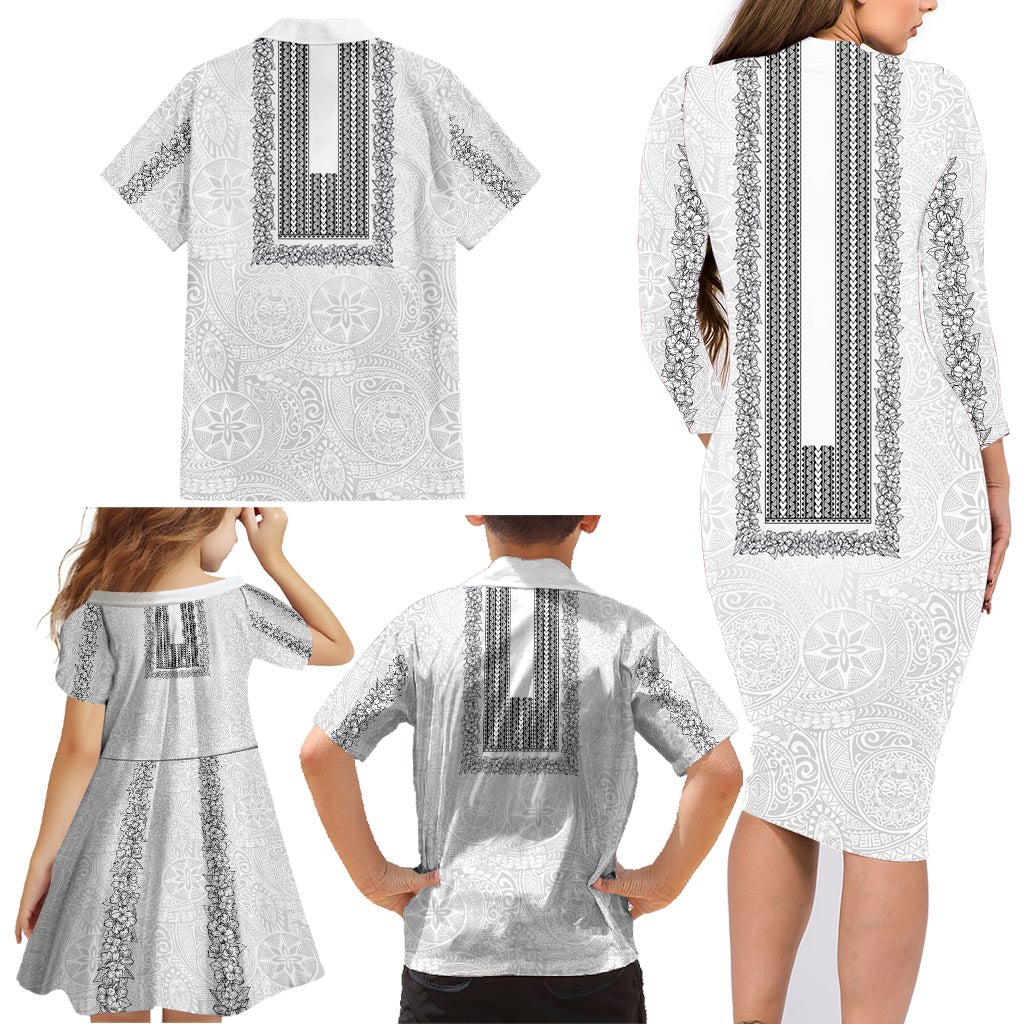 Philippines Polynesian Jasmine Pattern Family Matching Long Sleeve Bodycon Dress and Hawaiian Shirt With Barong Tagalog White Style