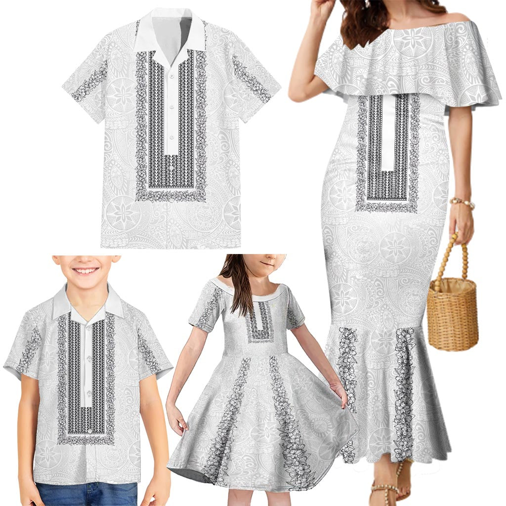Philippines Polynesian Jasmine Pattern Family Matching Mermaid Dress and Hawaiian Shirt With Barong Tagalog White Style