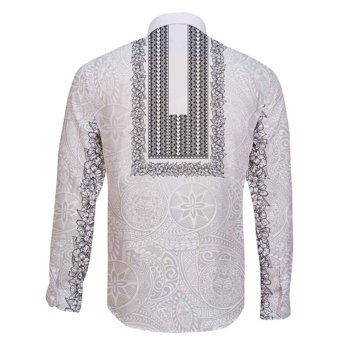 Philippines Polynesian Jasmine Pattern Family Matching Off The Shoulder Long Sleeve Dress and Hawaiian Shirt With Barong Tagalog White Style