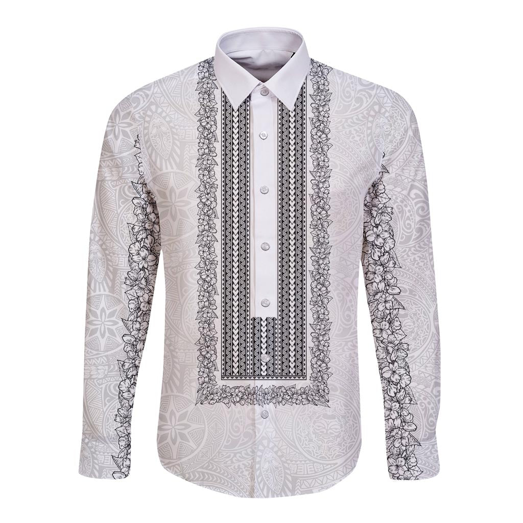 Philippines Polynesian Jasmine Pattern Long Sleeve Button Shirt With Barong Tagalog White Style