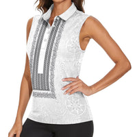 Philippines Polynesian Jasmine Pattern Women Sleeveless Polo Shirt With Barong Tagalog White Style