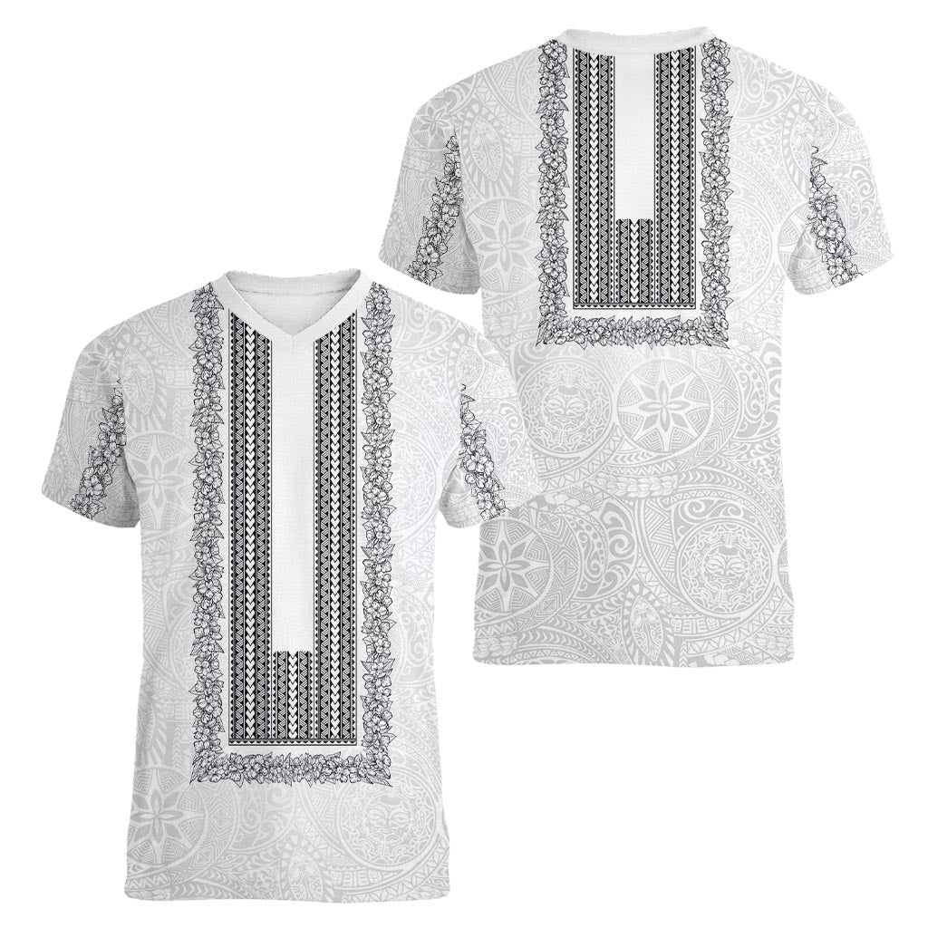 Philippines Polynesian Jasmine Pattern Women V-Neck T-Shirt With Barong Tagalog White Style