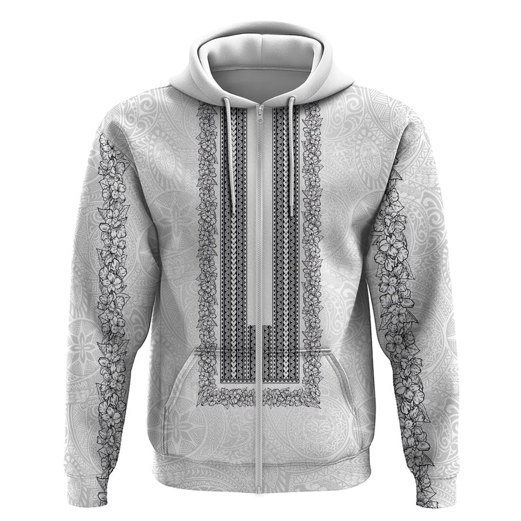 Philippines Polynesian Jasmine Pattern Zip Hoodie With Barong Tagalog White Style