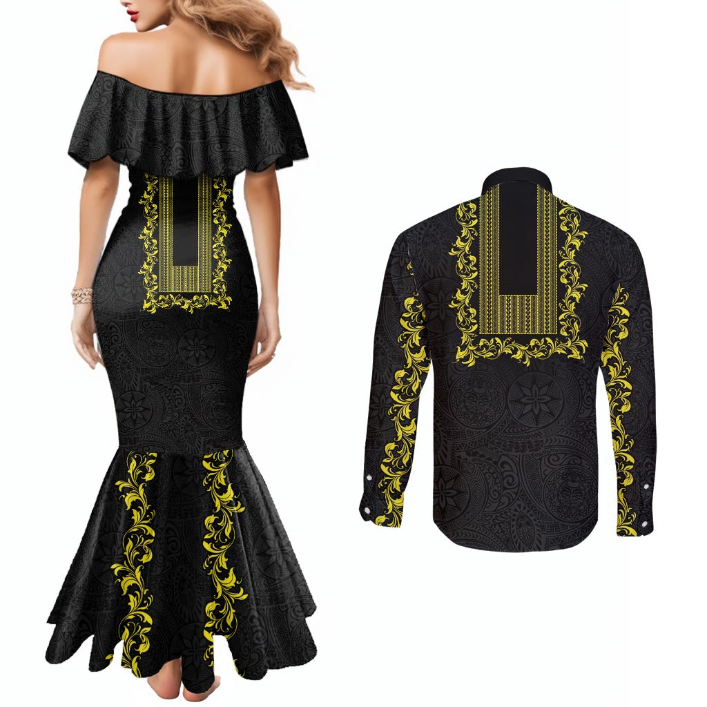 Philippines Polynesian Floral Pattern Couples Matching Mermaid Dress and Long Sleeve Button Shirt With Barong Tagalog Black Style