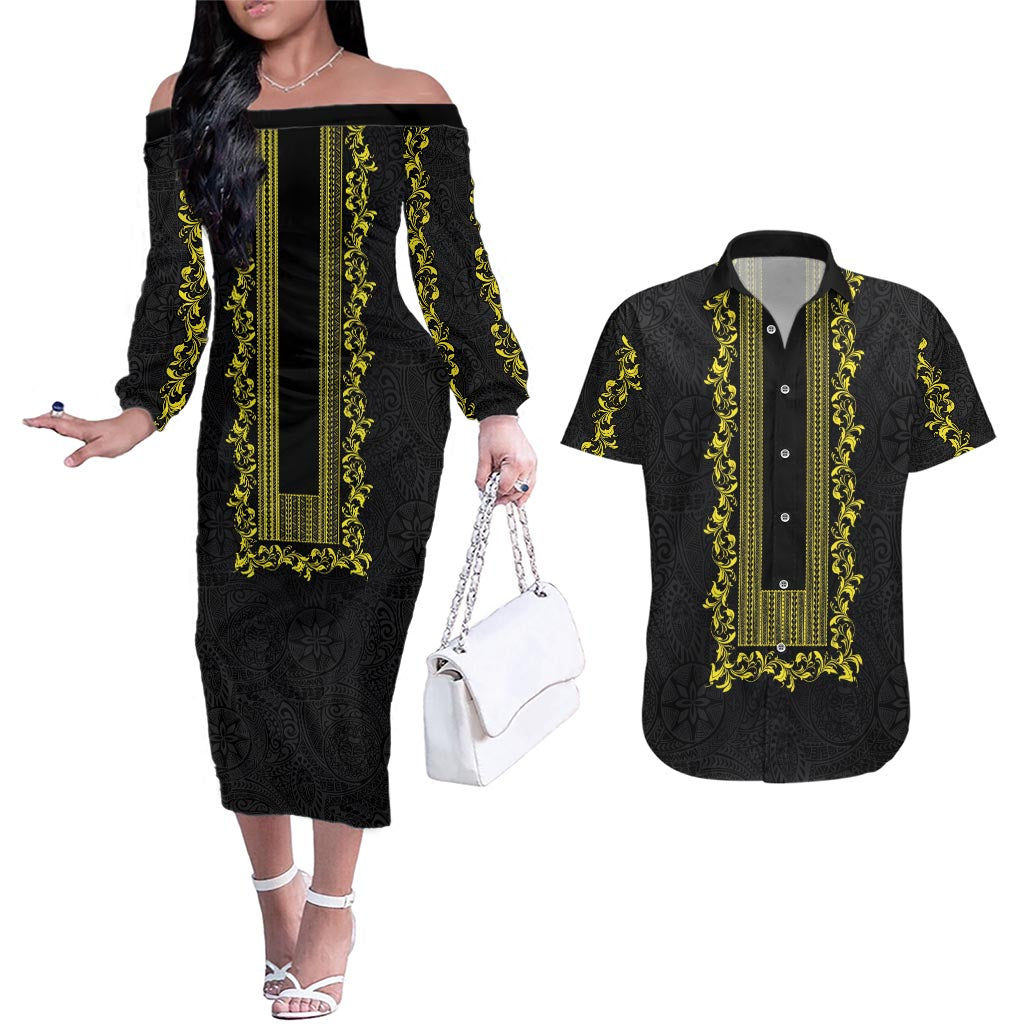 Philippines Polynesian Floral Pattern Couples Matching Off The Shoulder Long Sleeve Dress and Hawaiian Shirt With Barong Tagalog Black Style