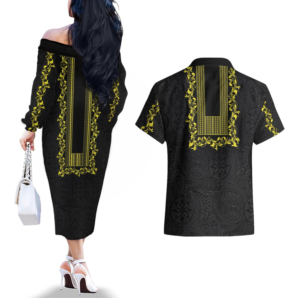 Philippines Polynesian Floral Pattern Couples Matching Off The Shoulder Long Sleeve Dress and Hawaiian Shirt With Barong Tagalog Black Style