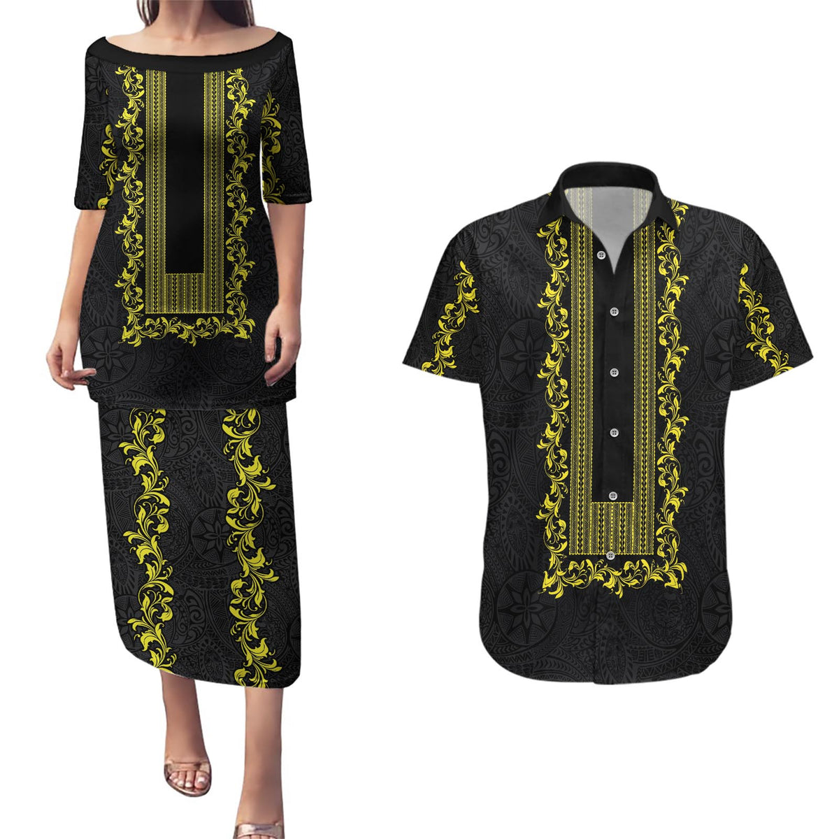 Philippines Polynesian Floral Pattern Couples Matching Puletasi and Hawaiian Shirt With Barong Tagalog Black Style
