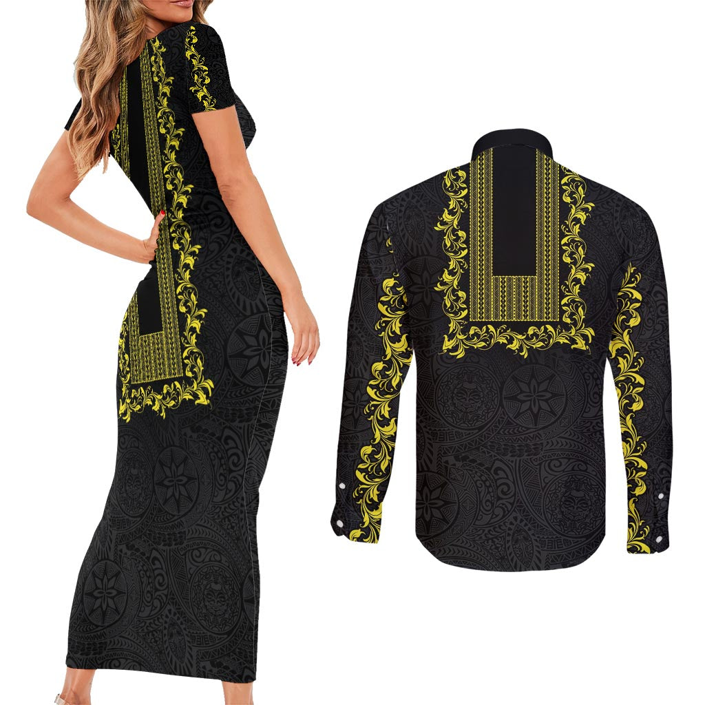 Philippines Polynesian Floral Pattern Couples Matching Short Sleeve Bodycon Dress and Long Sleeve Button Shirt With Barong Tagalog Black Style