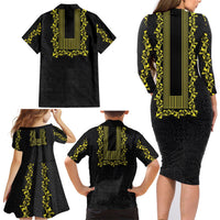Philippines Polynesian Floral Pattern Family Matching Long Sleeve Bodycon Dress and Hawaiian Shirt With Barong Tagalog Black Style