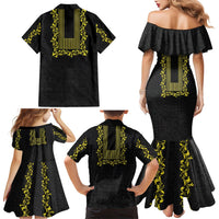 Philippines Polynesian Floral Pattern Family Matching Mermaid Dress and Hawaiian Shirt With Barong Tagalog Black Style