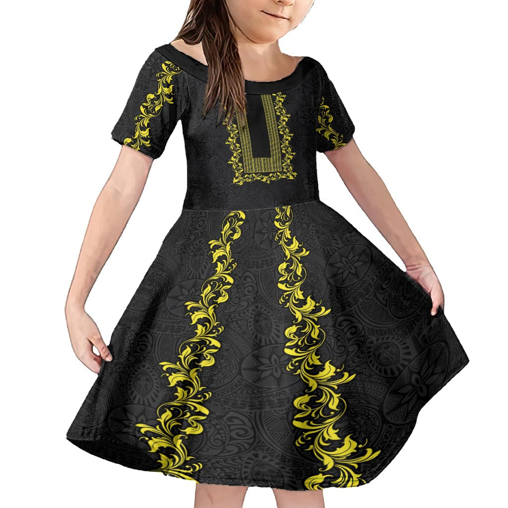 Philippines Polynesian Floral Pattern Family Matching Off Shoulder Short Dress and Hawaiian Shirt With Barong Tagalog Black Style