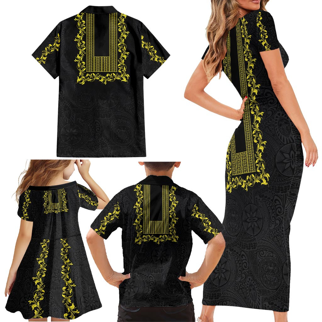 Philippines Polynesian Floral Pattern Family Matching Short Sleeve Bodycon Dress and Hawaiian Shirt With Barong Tagalog Black Style