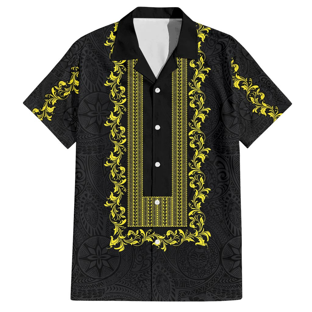 Philippines Polynesian Floral Pattern Family Matching Short Sleeve Bodycon Dress and Hawaiian Shirt With Barong Tagalog Black Style