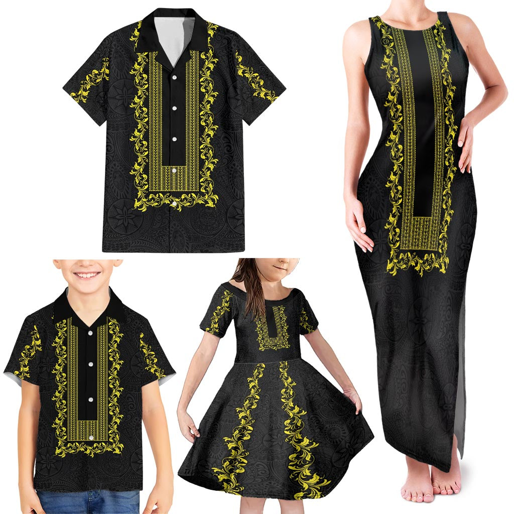 Philippines Polynesian Floral Pattern Family Matching Tank Maxi Dress and Hawaiian Shirt With Barong Tagalog Black Style