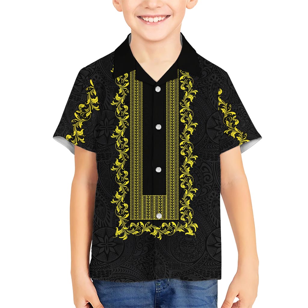 Philippines Polynesian Floral Pattern Hawaiian Shirt With Barong Tagalog Black Style