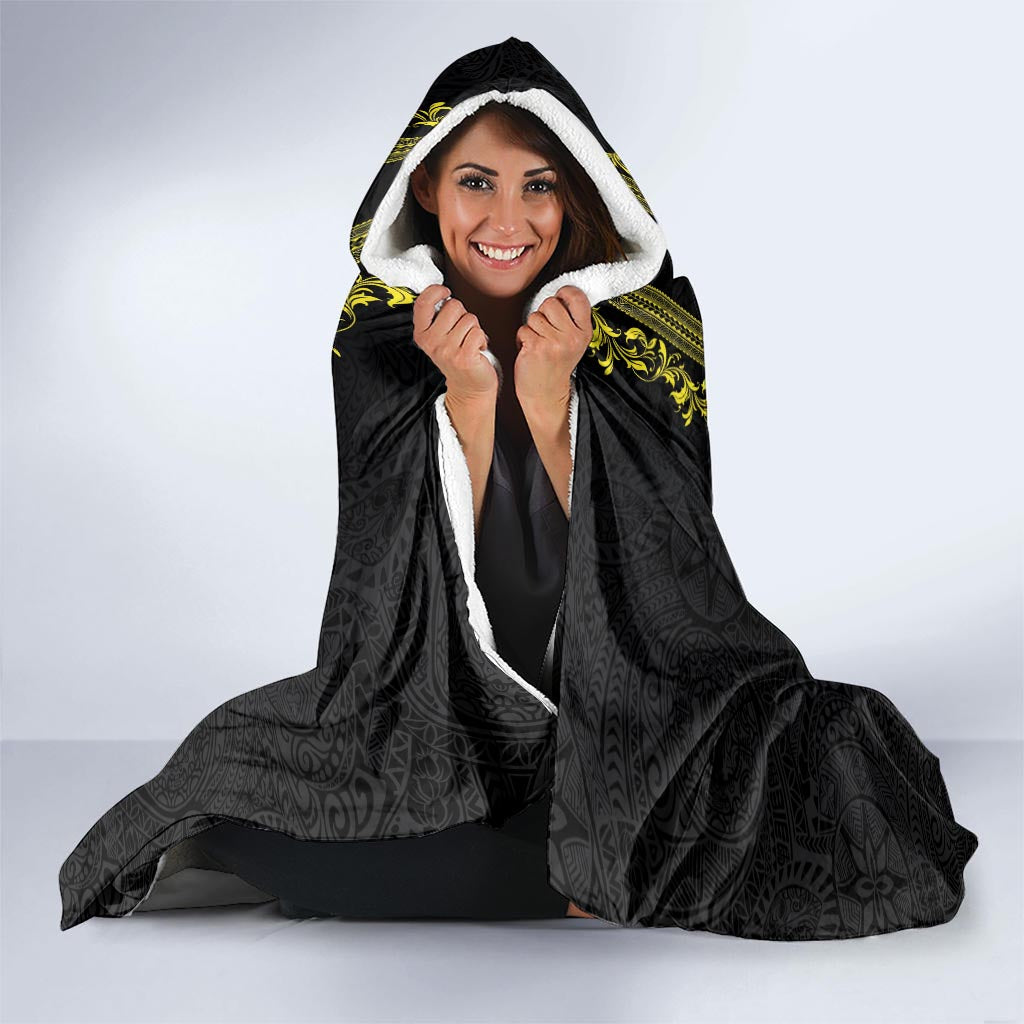 Philippines Polynesian Floral Pattern Hooded Blanket With Barong Tagalog Black Style