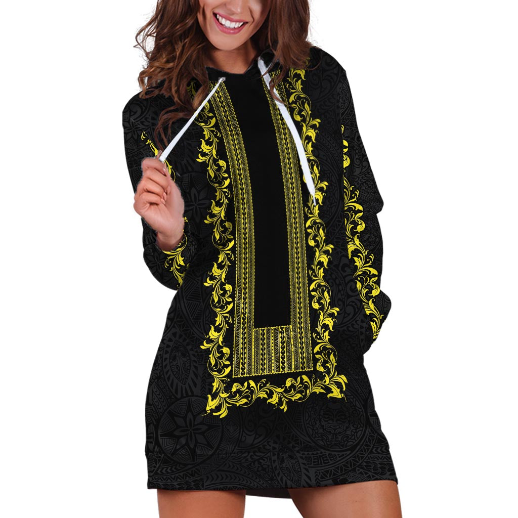 Philippines Polynesian Floral Pattern Hoodie Dress With Barong Tagalog Black Style