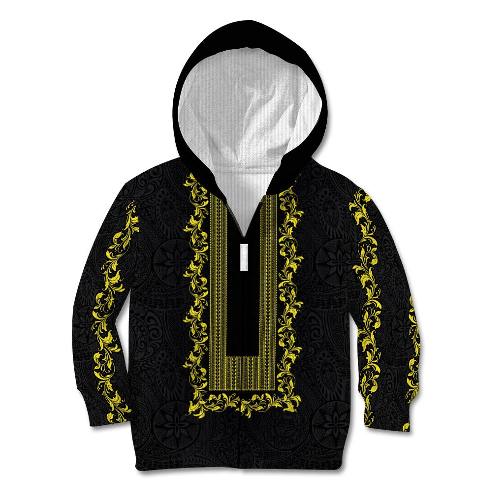 Philippines Polynesian Floral Pattern Kid Hoodie With Barong Tagalog Black Style
