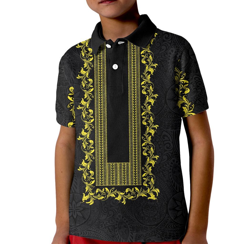 Philippines Polynesian Floral Pattern Kid Polo Shirt With Barong Tagalog Black Style