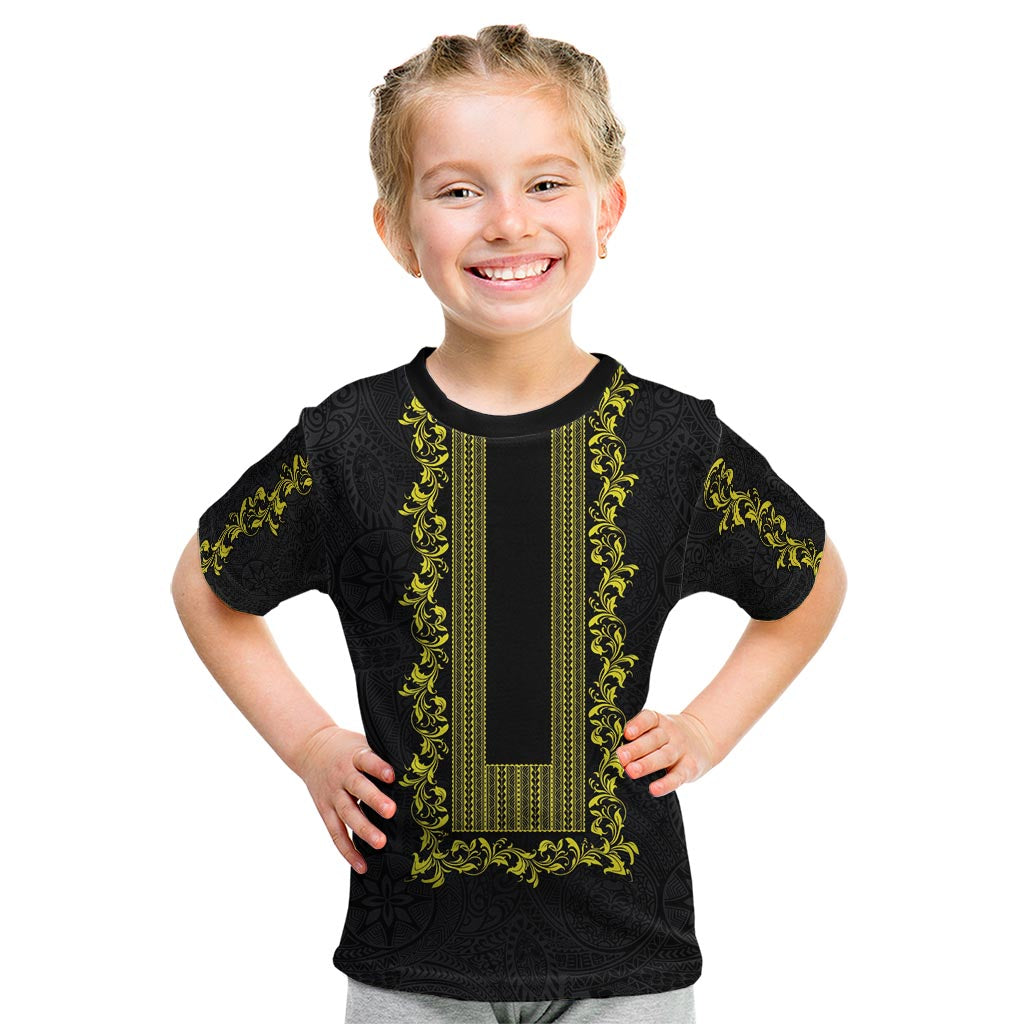 Philippines Polynesian Floral Pattern Kid T Shirt With Barong Tagalog Black Style