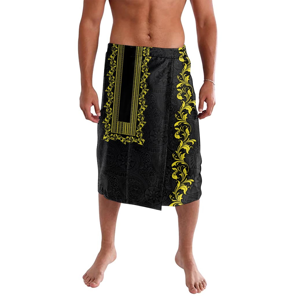 Philippines Polynesian Floral Pattern Lavalava With Barong Tagalog Black Style