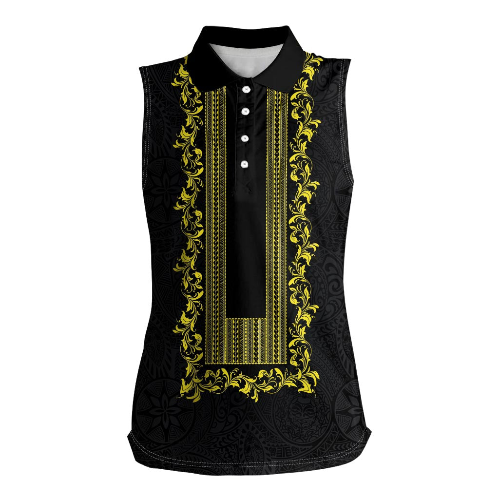 Philippines Polynesian Floral Pattern Women Sleeveless Polo Shirt With Barong Tagalog Black Style