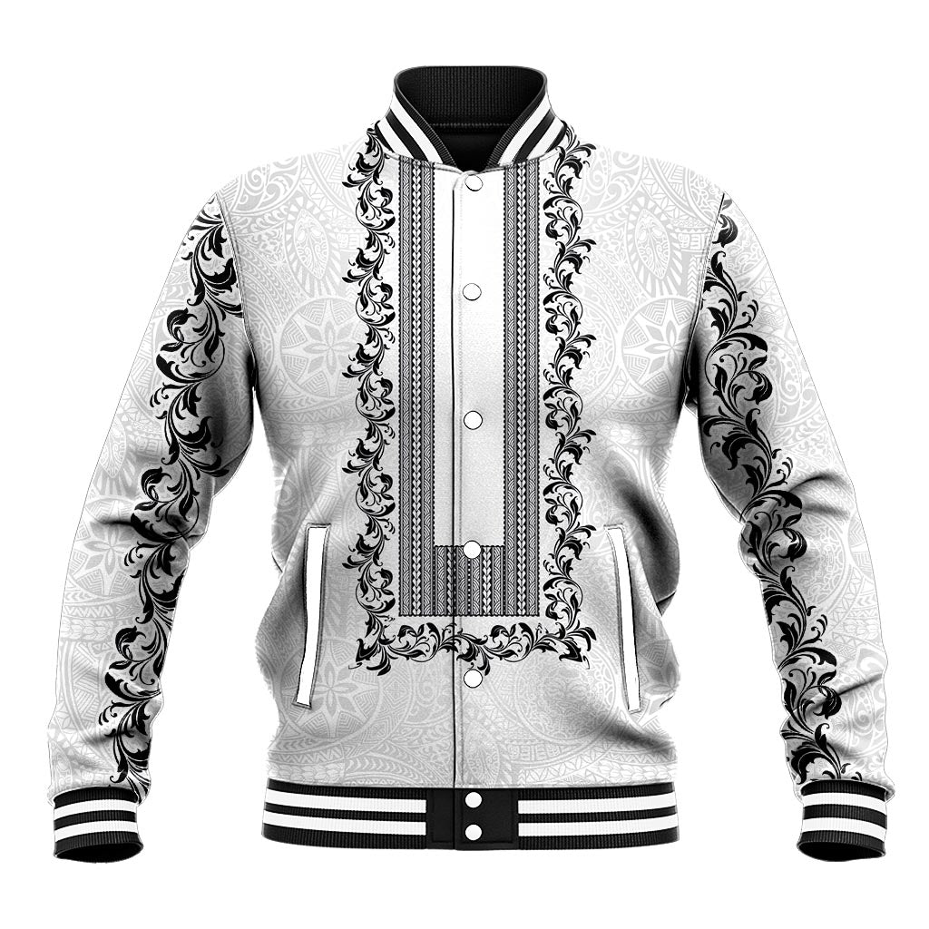 Philippines Polynesian Floral Pattern Baseball Jacket With Barong Tagalog White Style