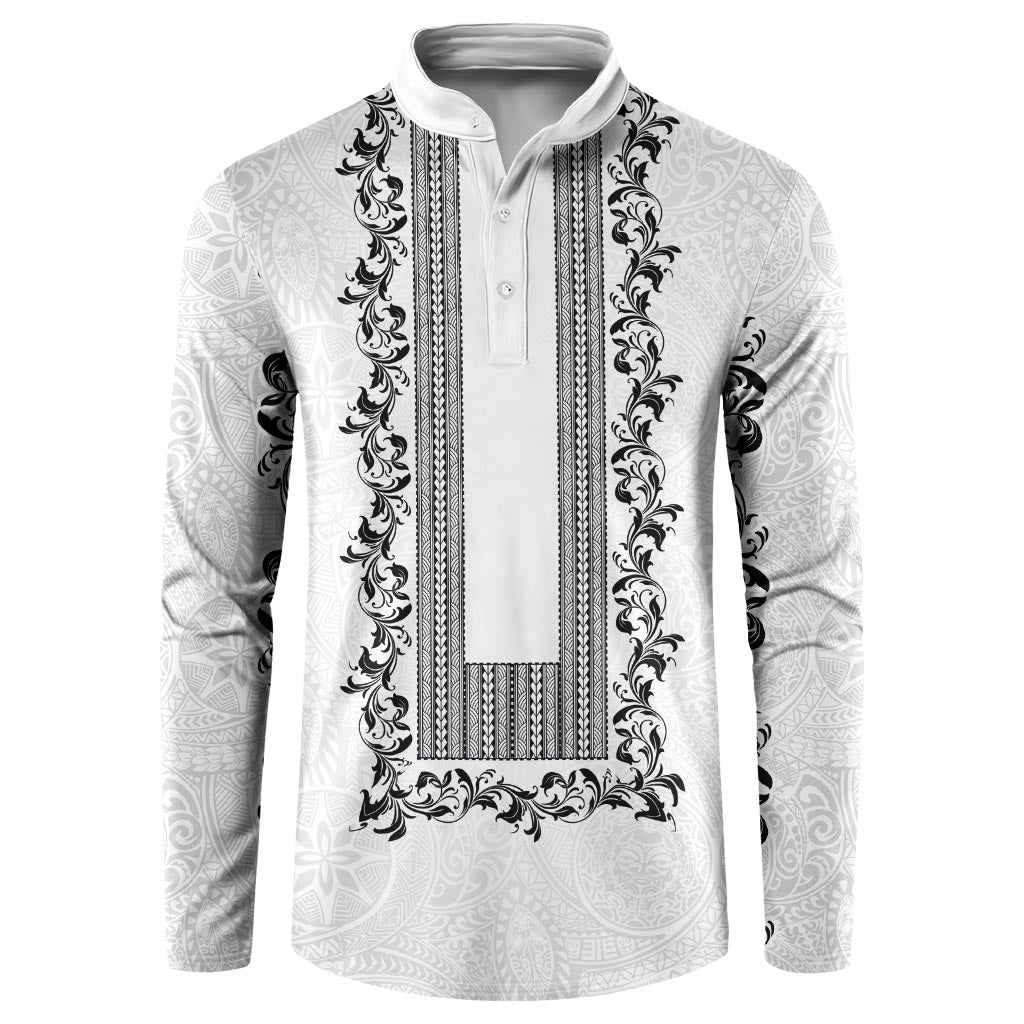 Philippines Polynesian Floral Pattern Button Sweatshirt With Barong Tagalog White Style