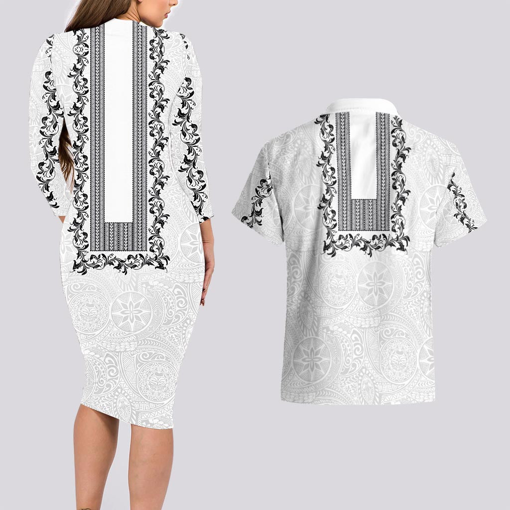 Philippines Polynesian Floral Pattern Couples Matching Long Sleeve Bodycon Dress and Hawaiian Shirt With Barong Tagalog White Style