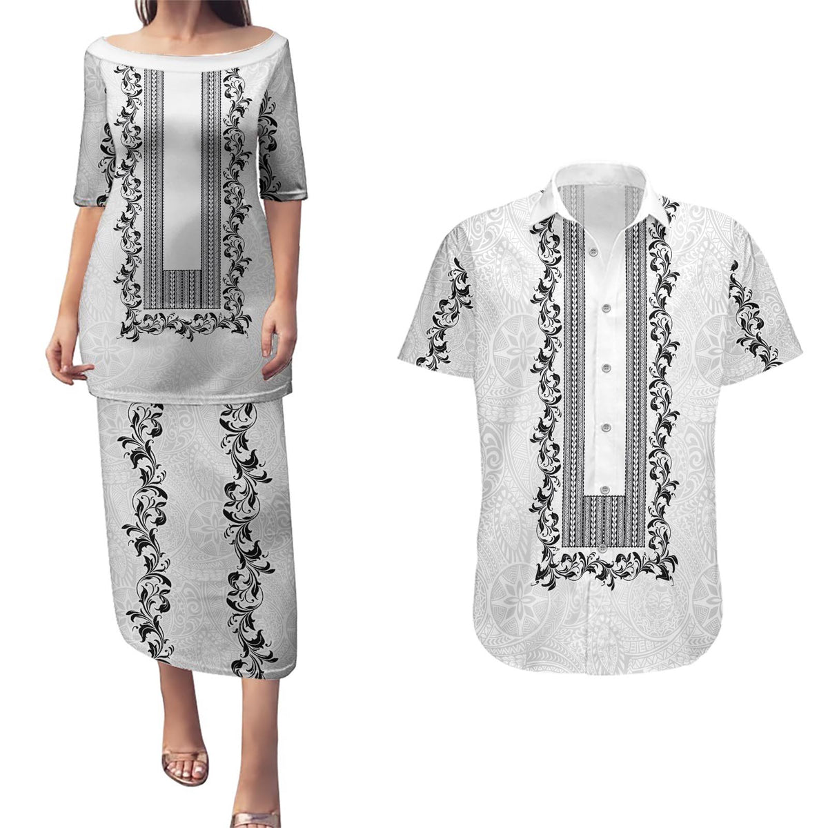Philippines Polynesian Floral Pattern Couples Matching Puletasi and Hawaiian Shirt With Barong Tagalog White Style