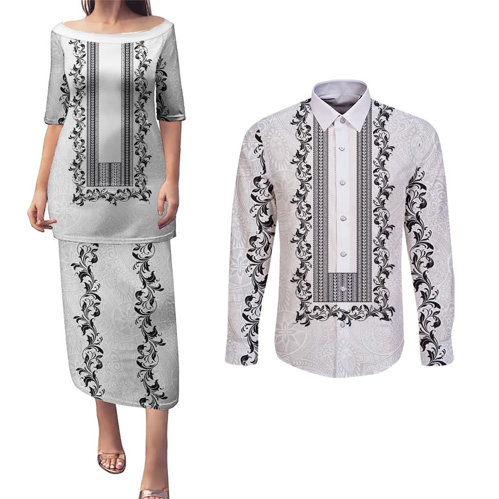 Philippines Polynesian Floral Pattern Couples Matching Puletasi and Long Sleeve Button Shirt With Barong Tagalog White Style