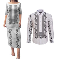 Philippines Polynesian Floral Pattern Couples Matching Puletasi and Long Sleeve Button Shirt With Barong Tagalog White Style
