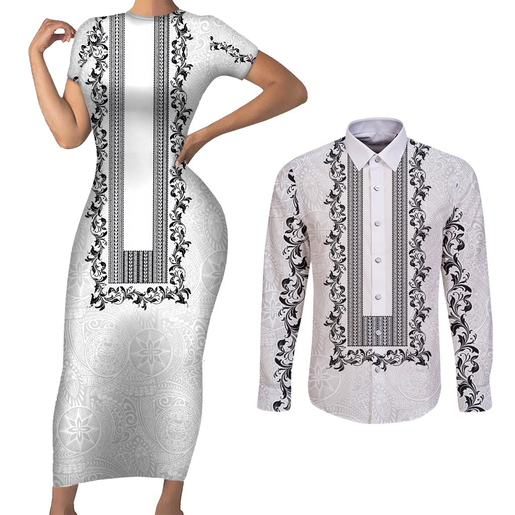 Philippines Polynesian Floral Pattern Couples Matching Short Sleeve Bodycon Dress and Long Sleeve Button Shirt With Barong Tagalog White Style