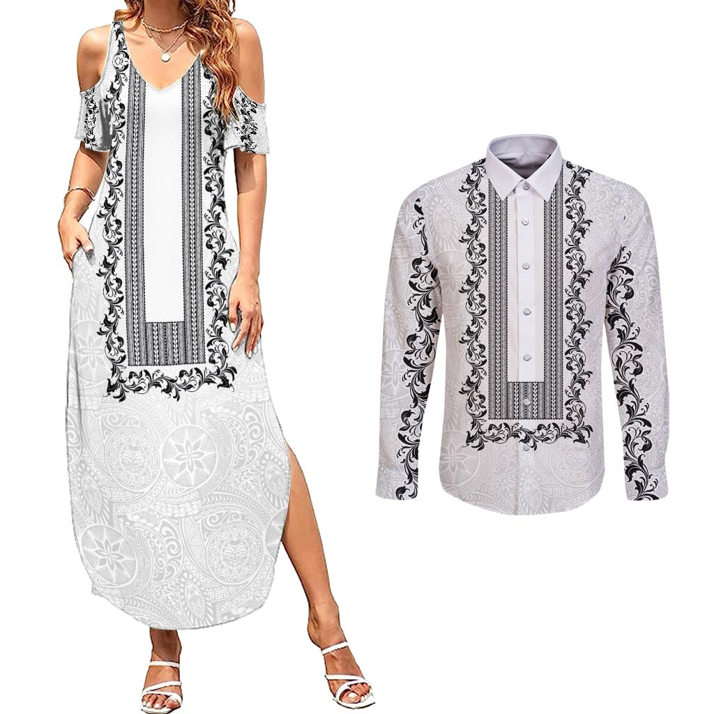 Philippines Polynesian Floral Pattern Couples Matching Summer Maxi Dress and Long Sleeve Button Shirt With Barong Tagalog White Style