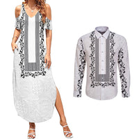 Philippines Polynesian Floral Pattern Couples Matching Summer Maxi Dress and Long Sleeve Button Shirt With Barong Tagalog White Style