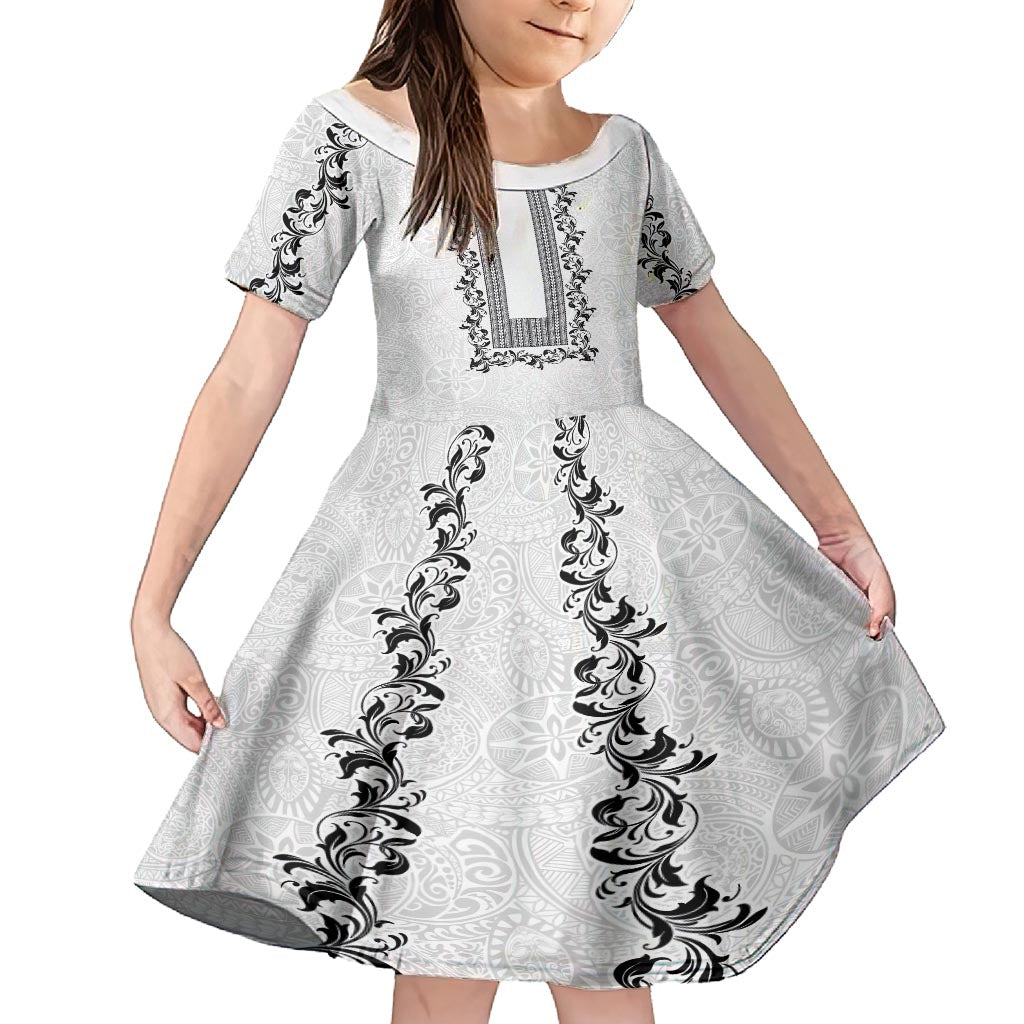 Philippines Polynesian Floral Pattern Family Matching Long Sleeve Bodycon Dress and Hawaiian Shirt With Barong Tagalog White Style