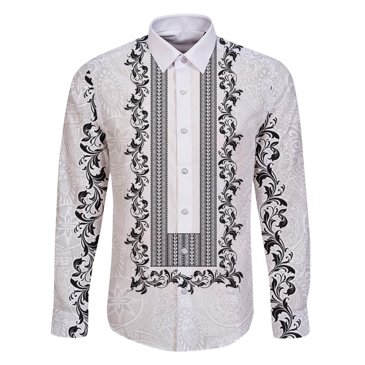 Philippines Polynesian Floral Pattern Family Matching Off The Shoulder Long Sleeve Dress and Hawaiian Shirt With Barong Tagalog White Style LT03 Dad's Shirt - Long Sleeve White - Polynesian Pride