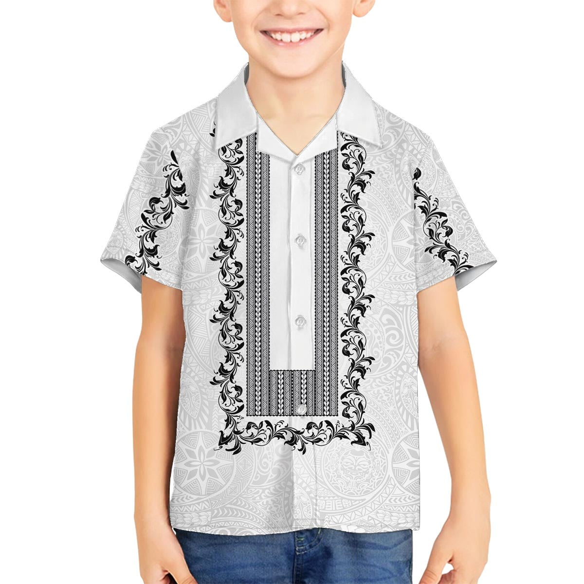 Philippines Polynesian Floral Pattern Family Matching Off The Shoulder Long Sleeve Dress and Hawaiian Shirt With Barong Tagalog White Style LT03 Son's Shirt White - Polynesian Pride