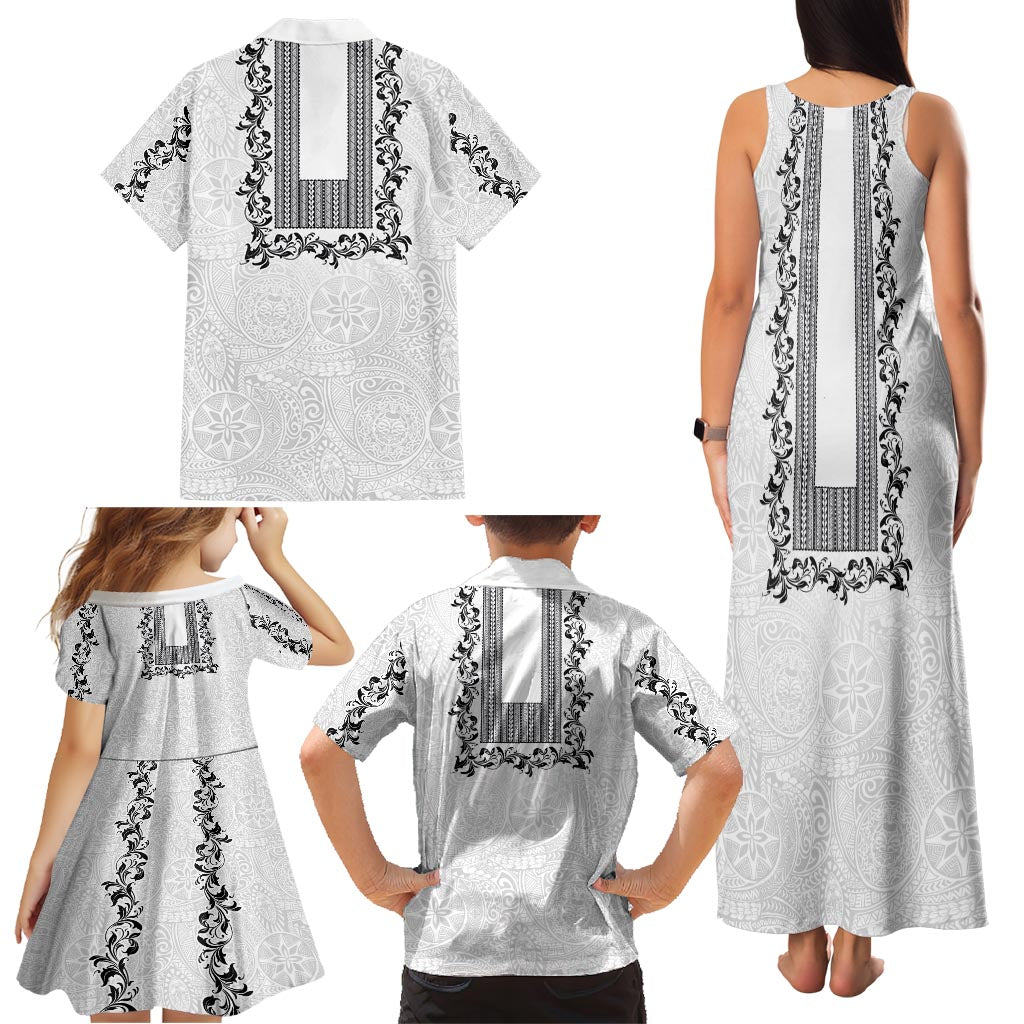 Philippines Polynesian Floral Pattern Family Matching Tank Maxi Dress and Hawaiian Shirt With Barong Tagalog White Style