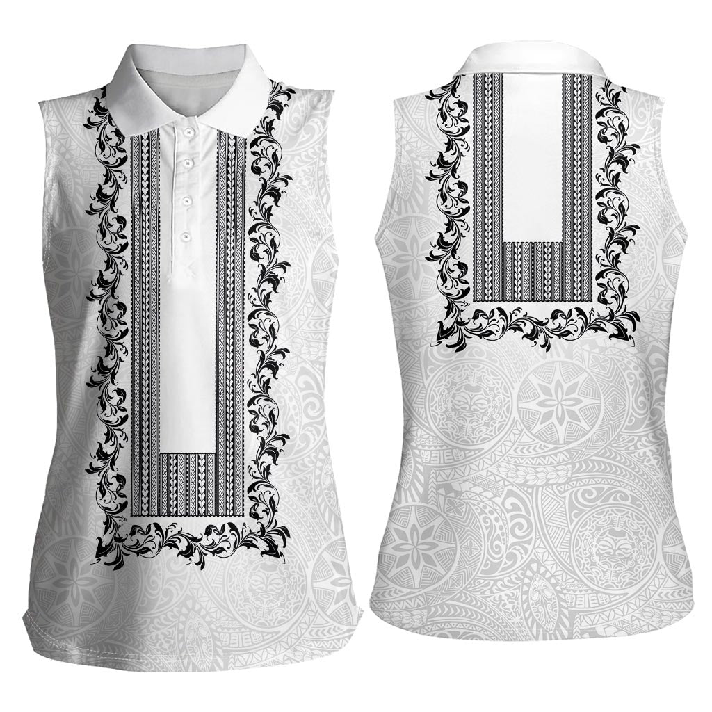 Philippines Polynesian Floral Pattern Women Sleeveless Polo Shirt With Barong Tagalog White Style