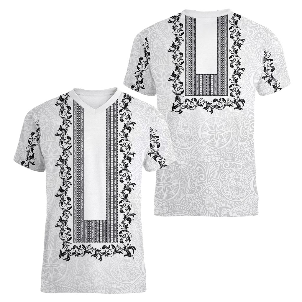 Philippines Polynesian Floral Pattern Women V-Neck T-Shirt With Barong Tagalog White Style