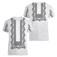 Philippines Polynesian Floral Pattern Women V-Neck T-Shirt With Barong Tagalog White Style